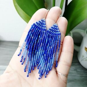 BOGO EARRINGS Artisan Blue and White Beaded Fringe Cascade Dangle Earrings, 4"